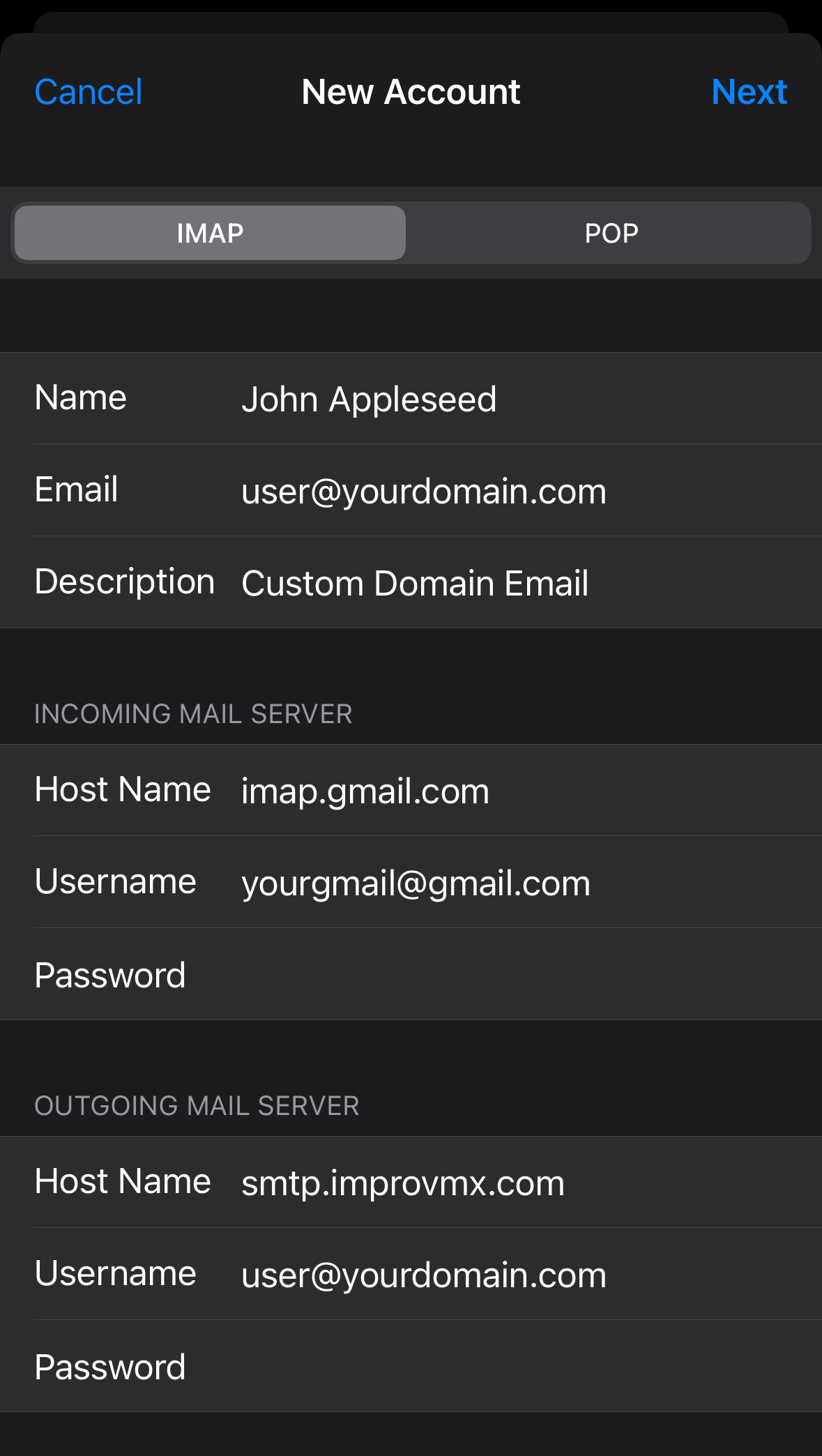 Mail server configuration screen