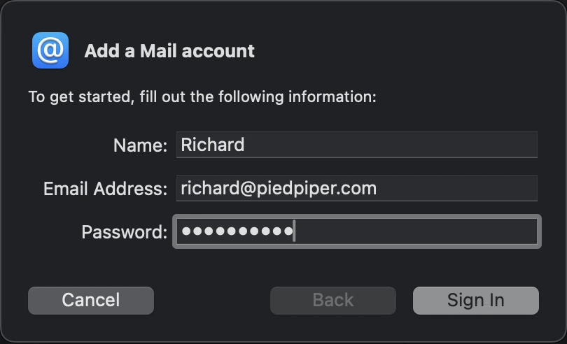 Mail's Add Account sheet with the name, custom-domain email, and password filled in