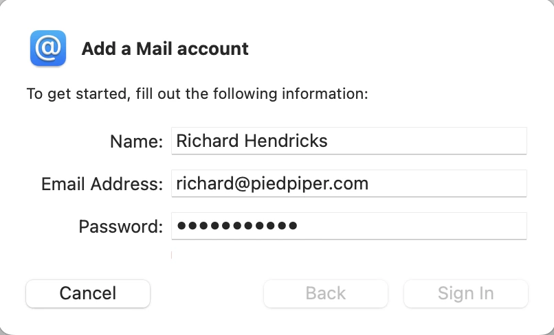 Mail's Add Account sheet with the name, custom-domain email, and password filled in