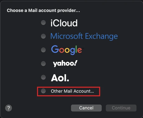 The Mail account provider picker with Other Mail Account… highlighted