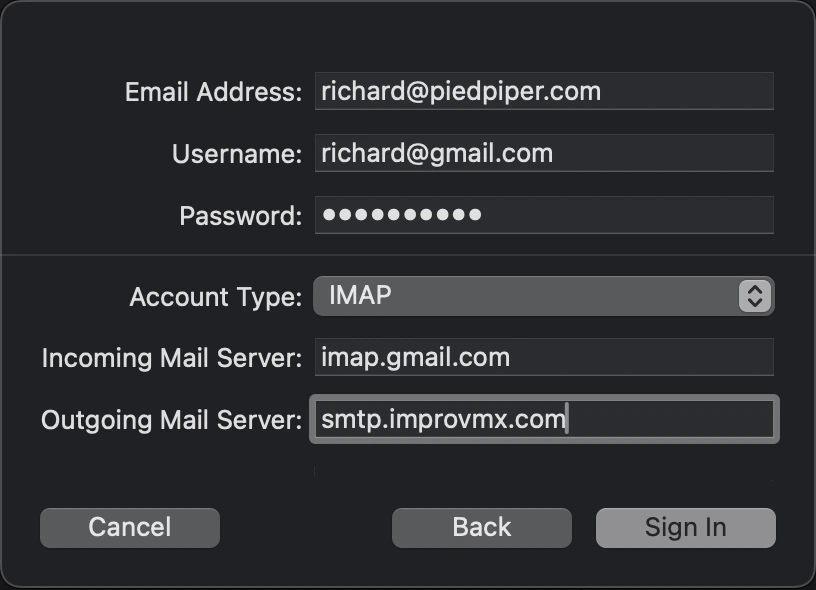 Mail's mail-server sheet filled with imap.gmail.com for incoming and smtp.improvmx.com for outgoing