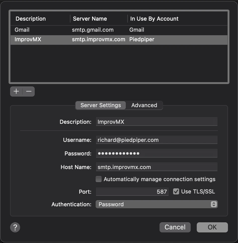 The Accounts settings pane with the outgoing server set to smtp.improvmx.com on port 587 with TLS/SSL on