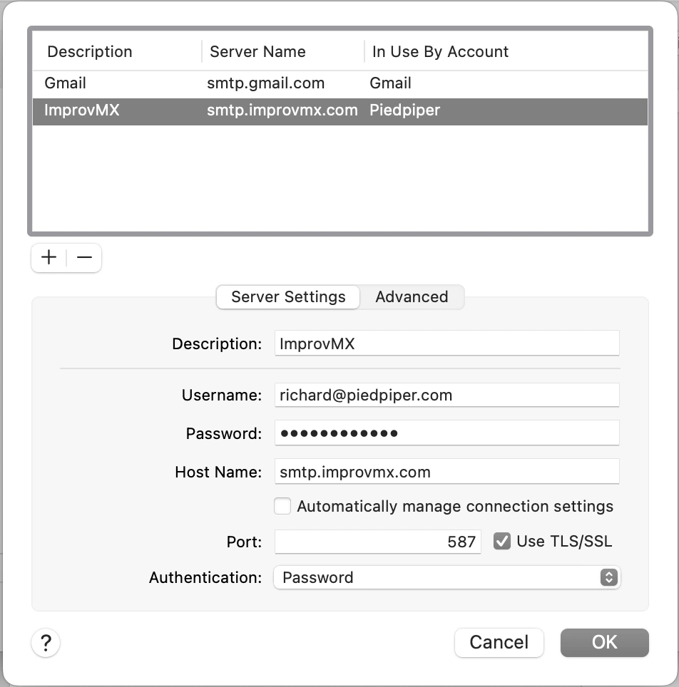 The Accounts settings pane with the outgoing server set to smtp.improvmx.com on port 587 with TLS/SSL on