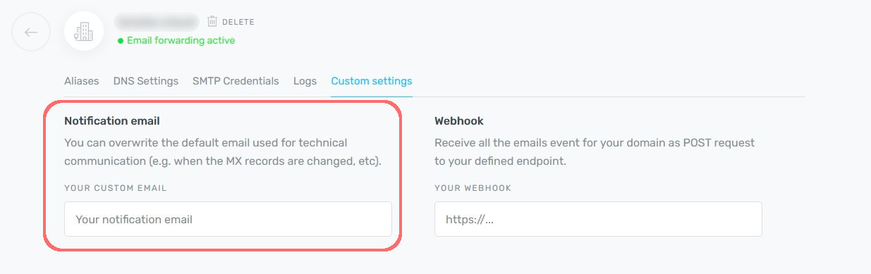 ImprovMX Dashboard Custom Settings tab