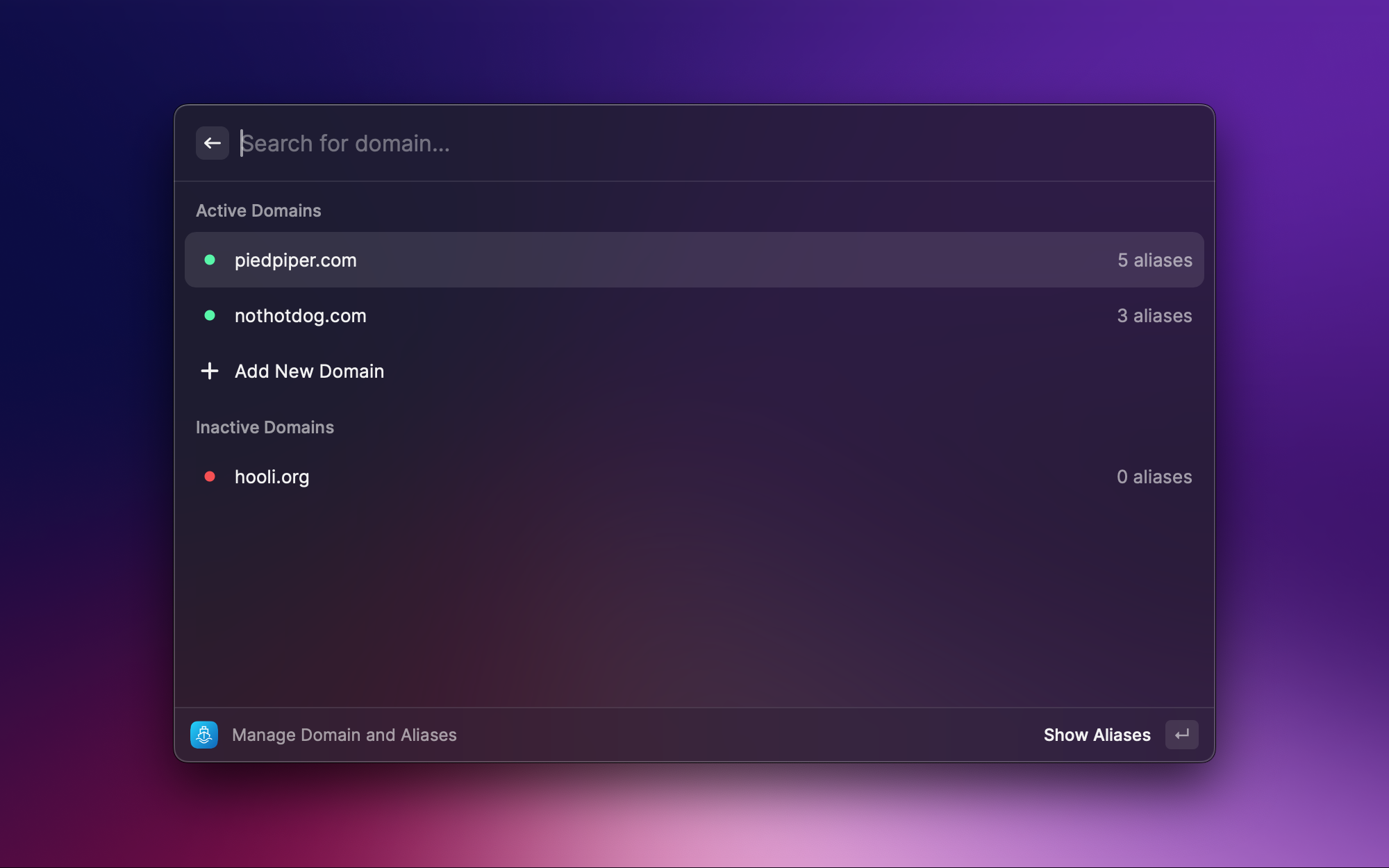Raycast extension showing ImprovMX domain and alias management