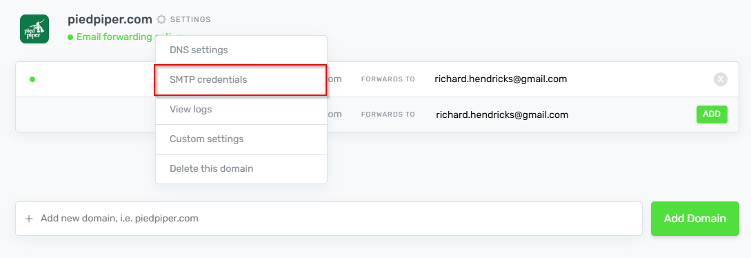 Settings menu with SMTP Credentials option