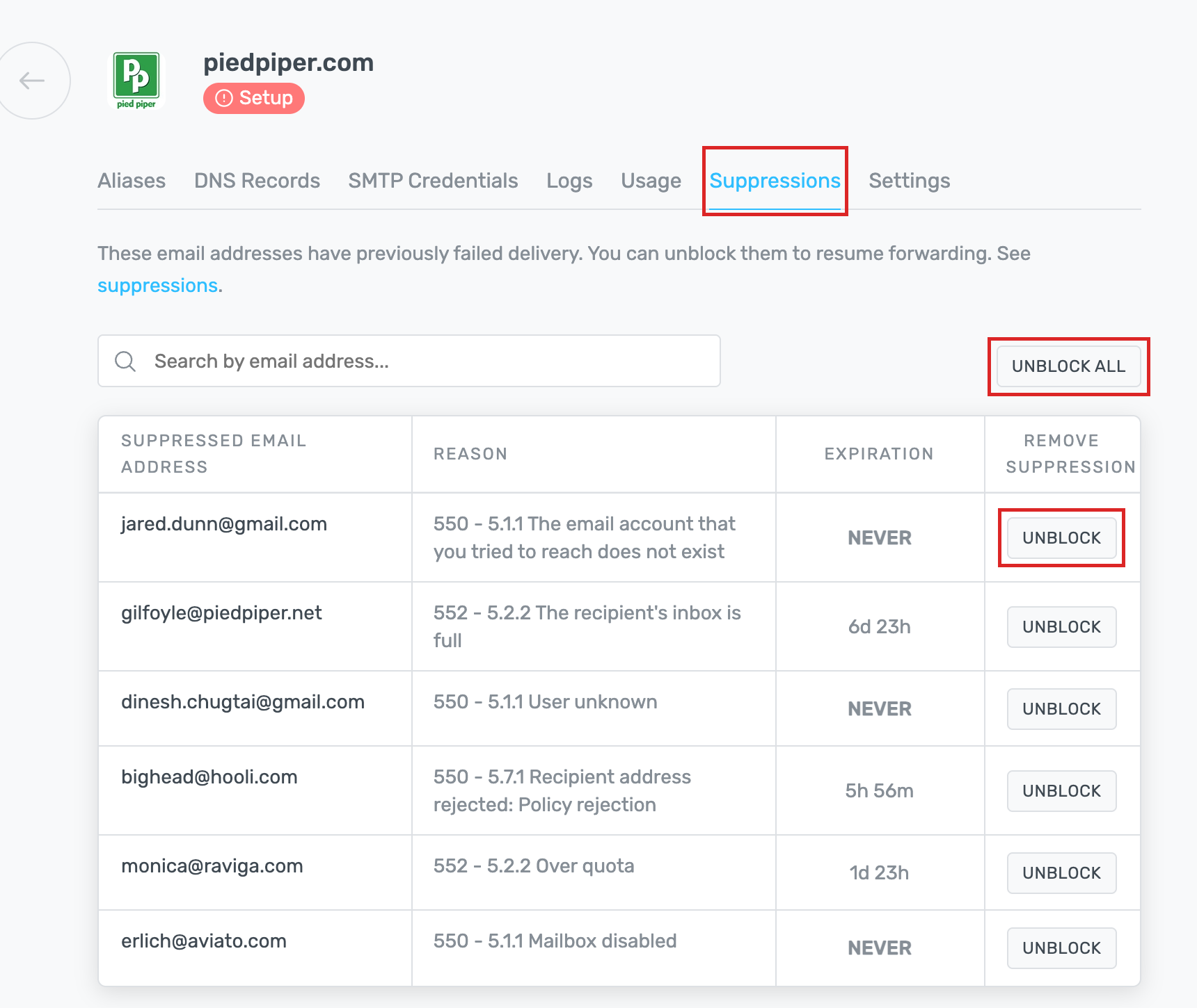 The Suppressions tab for a domain, listing each suppressed address with an Unblock button
