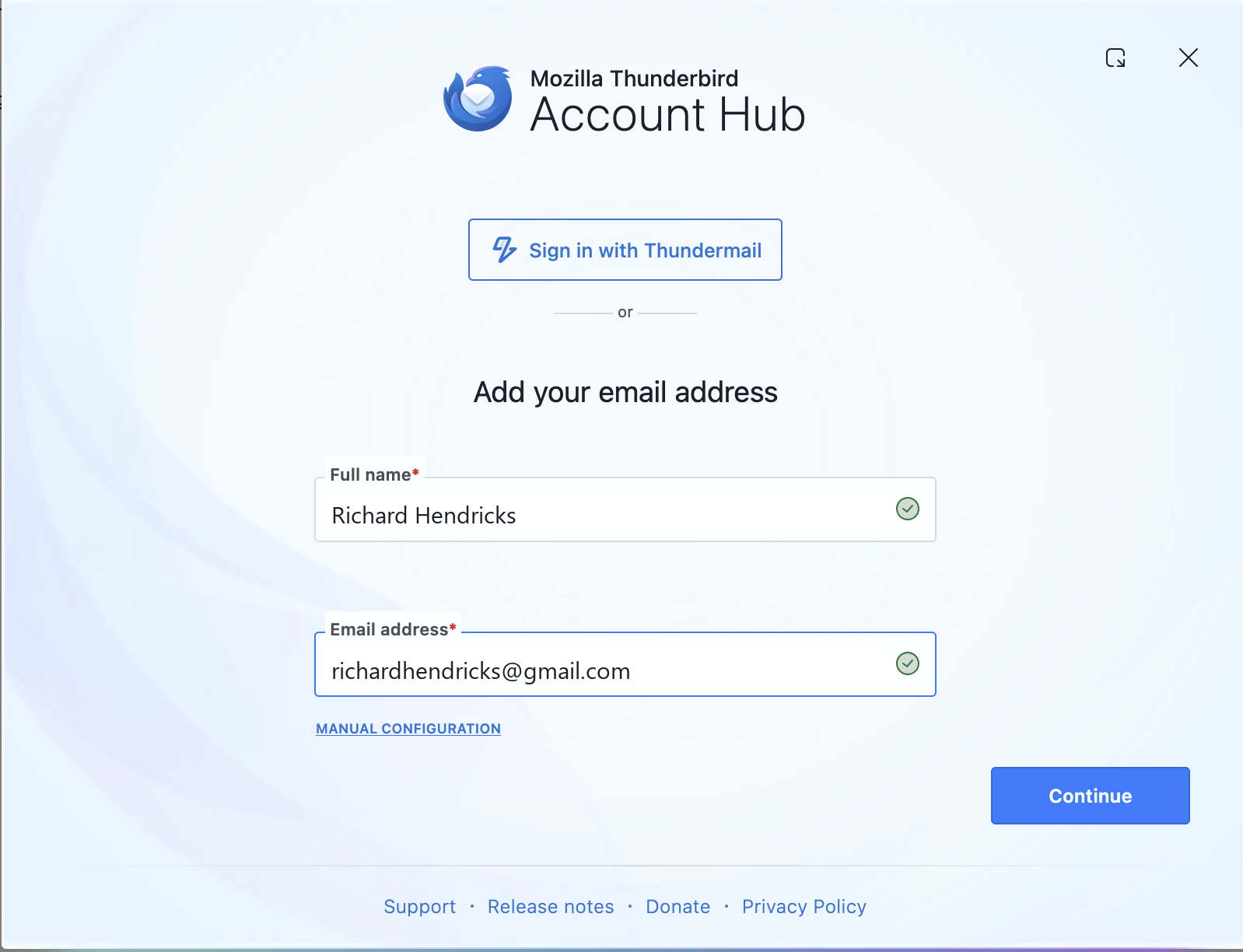 Thunderbird Account Hub — entering name and Gmail address
