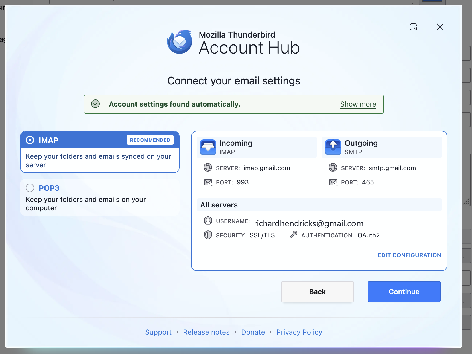 Thunderbird auto-detected Gmail IMAP settings