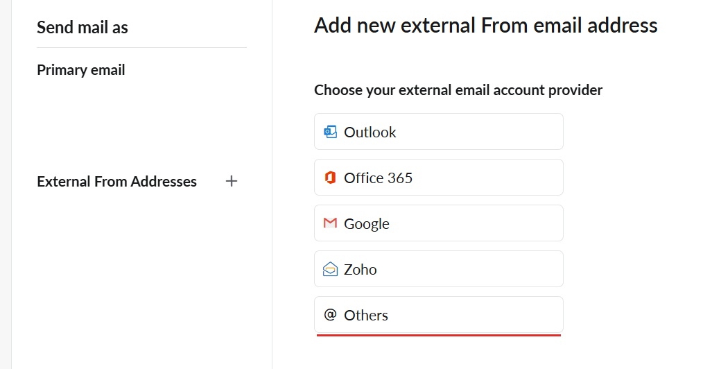 Zoho Mail Send Mail As settings — the External From Addresses section and the provider picker with Others selected